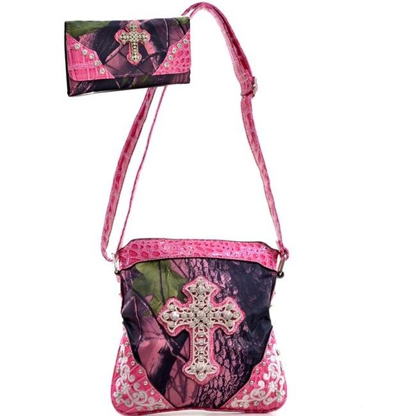 Gold Rush MG21WC106SET-PK - CAM Rhinestone Cross Embroidery Messenger Bag with Matching Wallet - Pink & Cam MG21WC106SET-PK/CAM - main